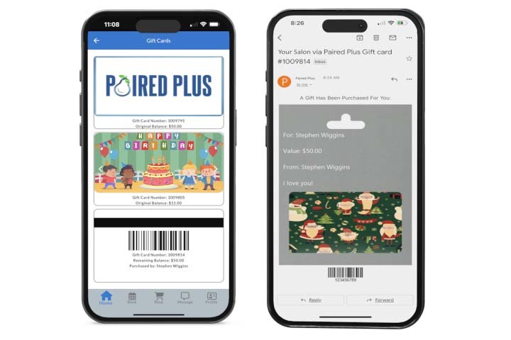 Personalized spa gift cards being displayed on two apple iphones